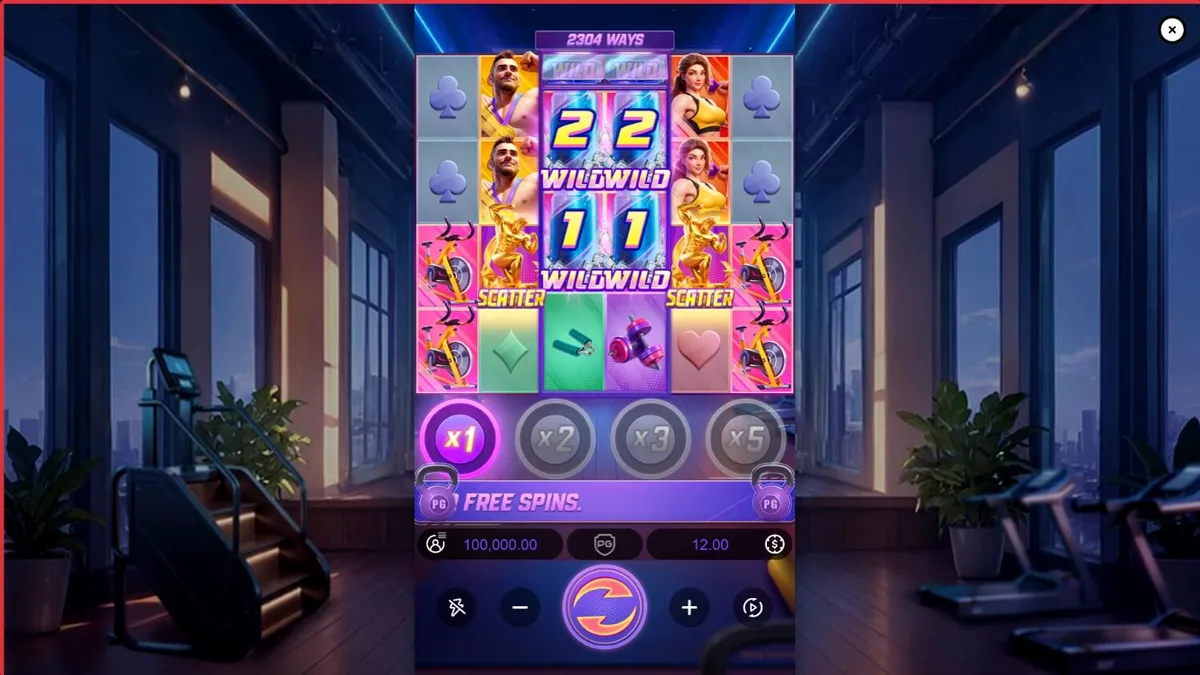 Interface do jogo de slot Mighty Mania com tema de academia e neon