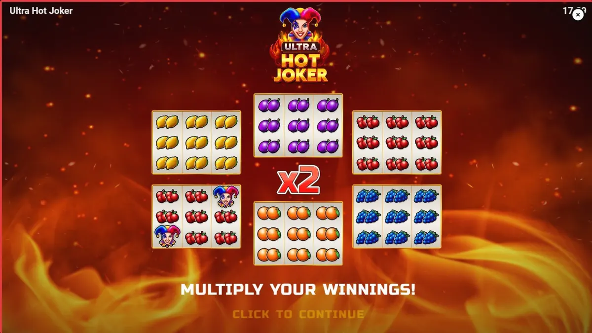 Interface do slot Ultra Hot Joker com símbolos de frutas flamejantes